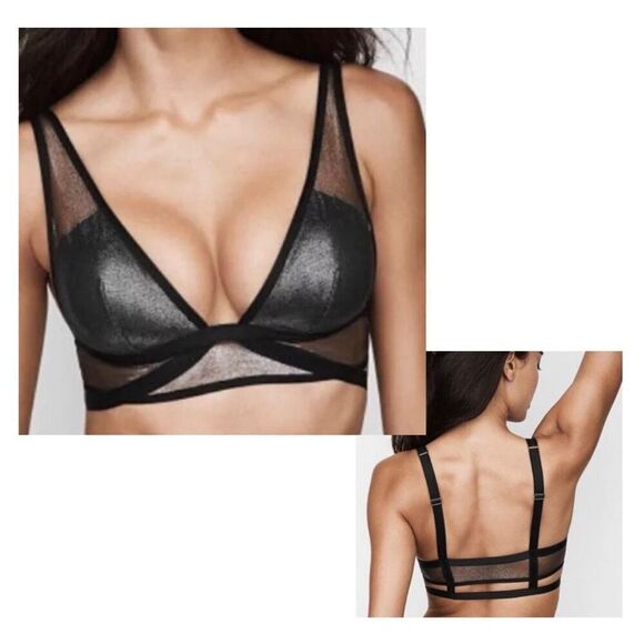 Victoria’s Secret Caged Bra Bralette Black Silver Foil Mesh Shine & Plunge Large - Picture 1 of 12